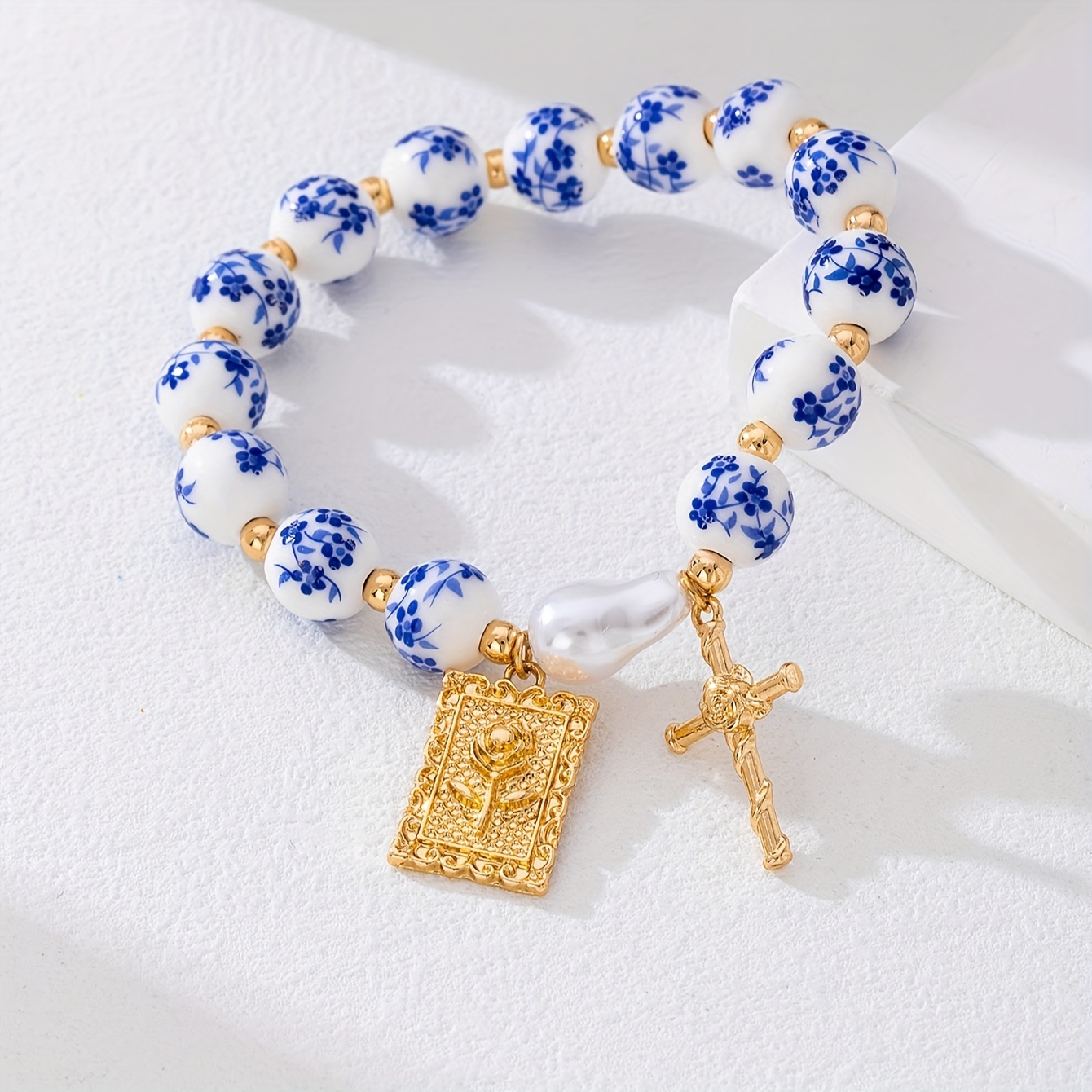 Floral Bead Bracelet with Cross Pendant, Retro Style